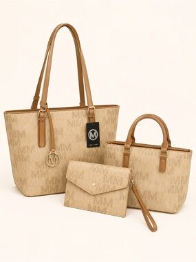 Milan Beige 3-Piece Tote, Satchel & Wristlet Set